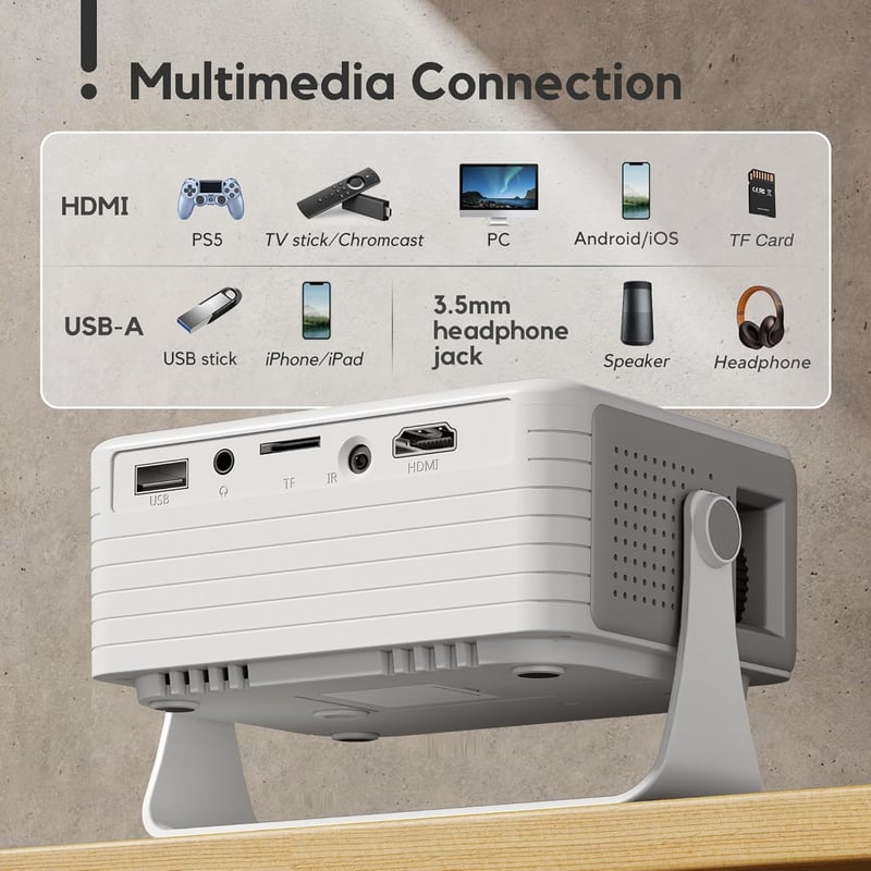 AKIYO O1 Hordozható Mini Projektor 720P Natív/1080P Támogatással, 120" Vetítés, Zoom Funkcióval, HDMI/USB Csatlakozás, Okostelefonnal Kompat
