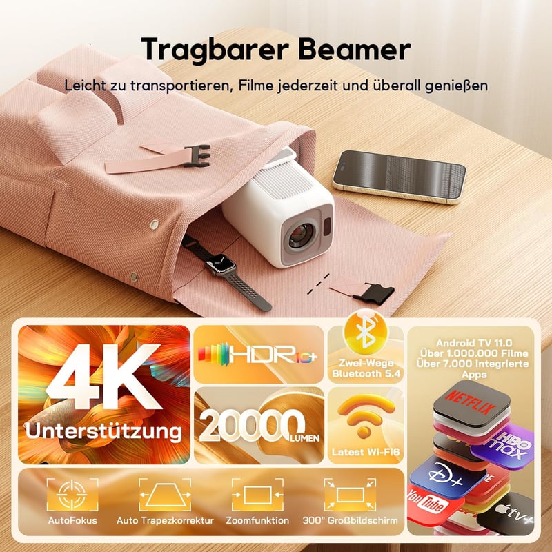 AKIYO O1 Mini Projektor Full HD 1080P 10000L - Hordozható Kivetítő 50% Zoommal, iOS/Android Kompatibilis, Otthoni Mozi HDMI/USB/TV Stick Csa