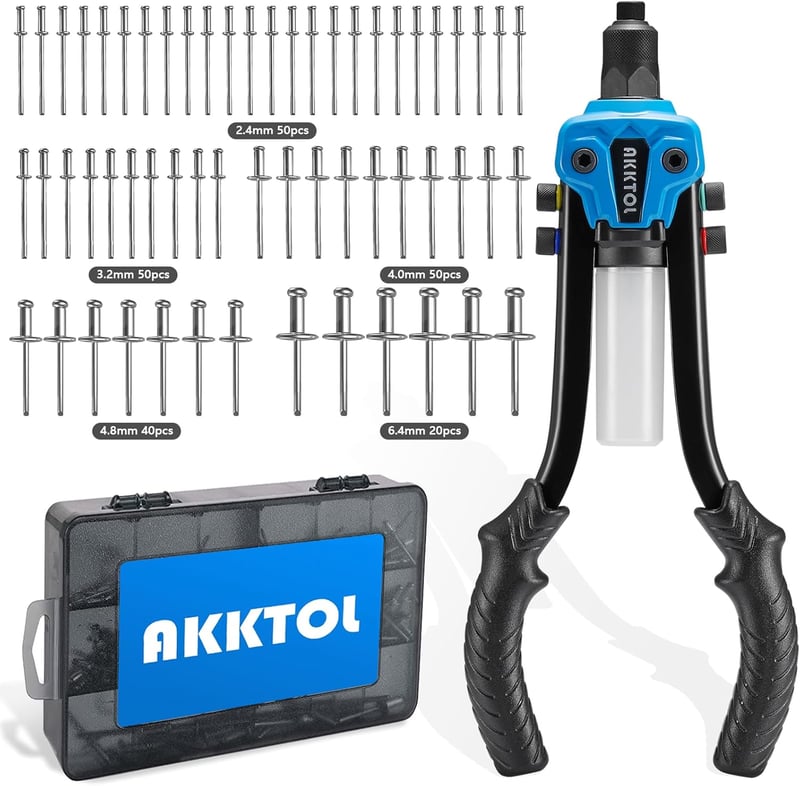 AKKTOL Szegecselő Fogó Készlet 210 Szegecscel Kézi Popszegecs Fogó 2.4-6.4mm Acél Alumínium Vaklemezes Szerszám Kék