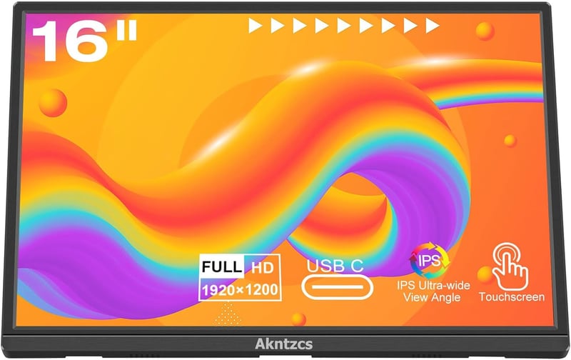 Akntzcs Hordozható Érintőképernyős Monitor 16" FHD 1920x1200 IPS Kijelző, HDMI USB-C Csatlakozás PC/Laptop/PS4/Xbox/Telefon Kompatibilitás