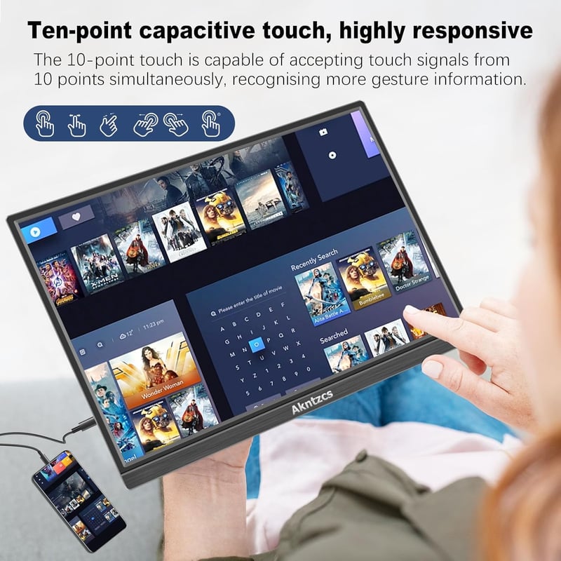 Akntzcs Hordozható Érintőképernyős Monitor 16" FHD 1920x1200 IPS Kijelző, HDMI USB-C Csatlakozás PC/Laptop/PS4/Xbox/Telefon Kompatibilitás
