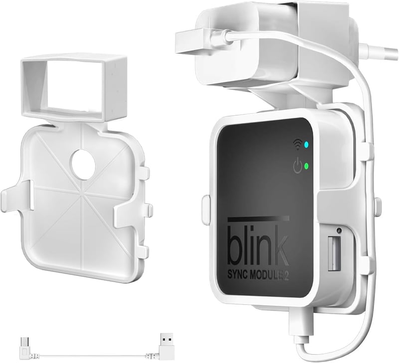 Akoemxeeo Fali Tartó Blink Sync Module 2-höz - Fehér Műanyag Rögzítő USB Kábellel, Blink Kamera Rendszerhez, Fúrás Nélkül Telepíthető
