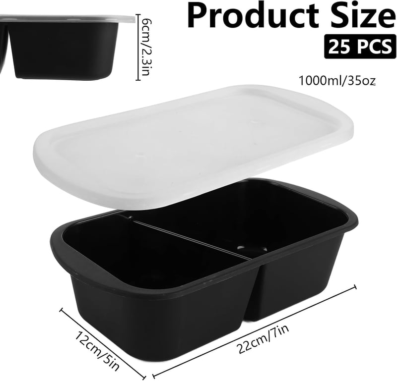 AKOLAFE 25 db Ételtartó Doboz 2 Rekeszes 1000 ml Mikrohullámú Sütőben Használható Fedeles