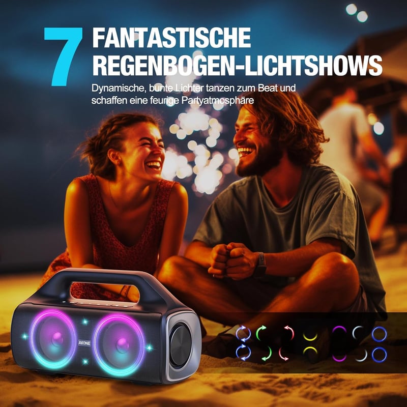 AKONE 80W Bluetooth hangszóró LED világítással, vízálló, 20 órás akkumulátor, party és kültéri használatra