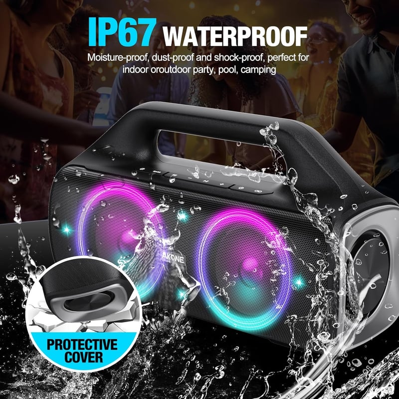 AKONE 80W Bluetooth hangszóró LED világítással, vízálló, 20 órás akkumulátor, party és kültéri használatra