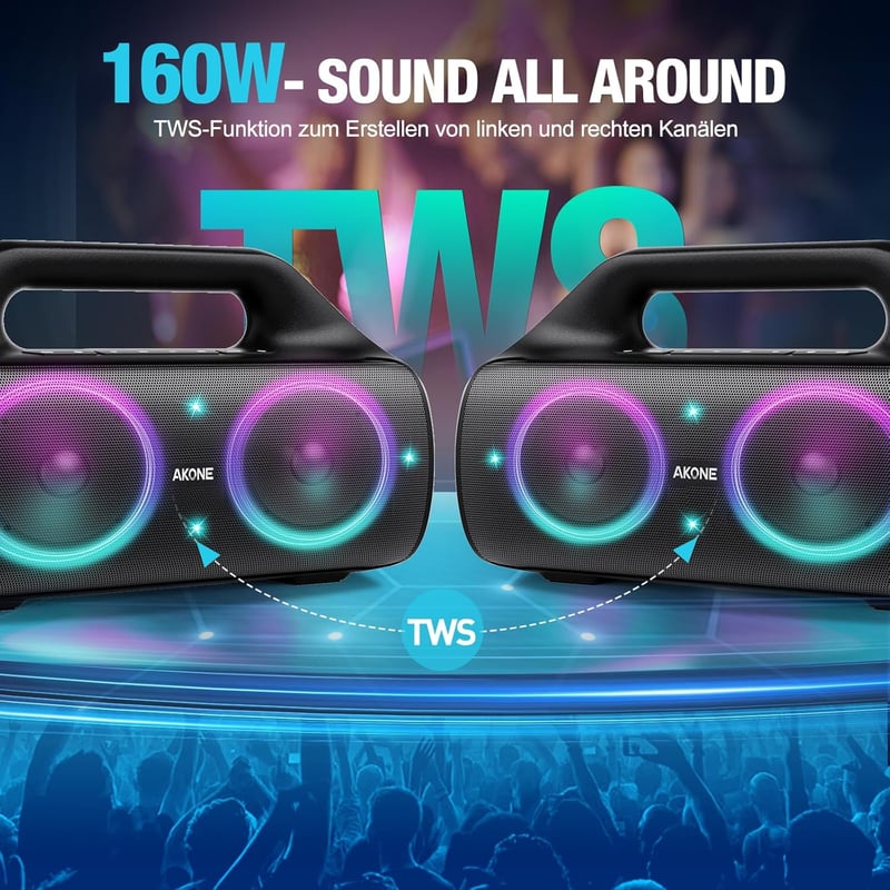 AKONE 80W Bluetooth hangszóró LED világítással, vízálló, 20 órás akkumulátor, party és kültéri használatra