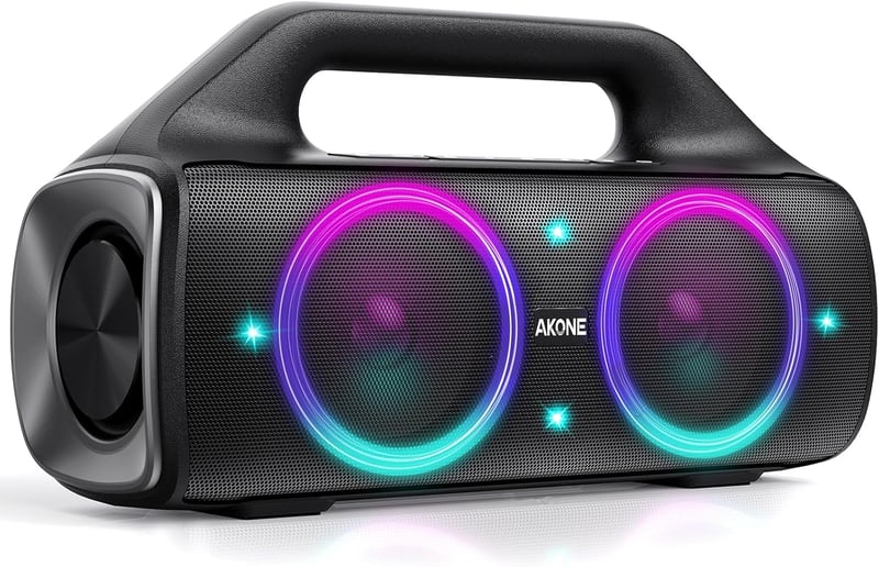 AKONE 80W Bluetooth hangszóró LED világítással, vízálló, 20 órás akkumulátor, party és kültéri használatra