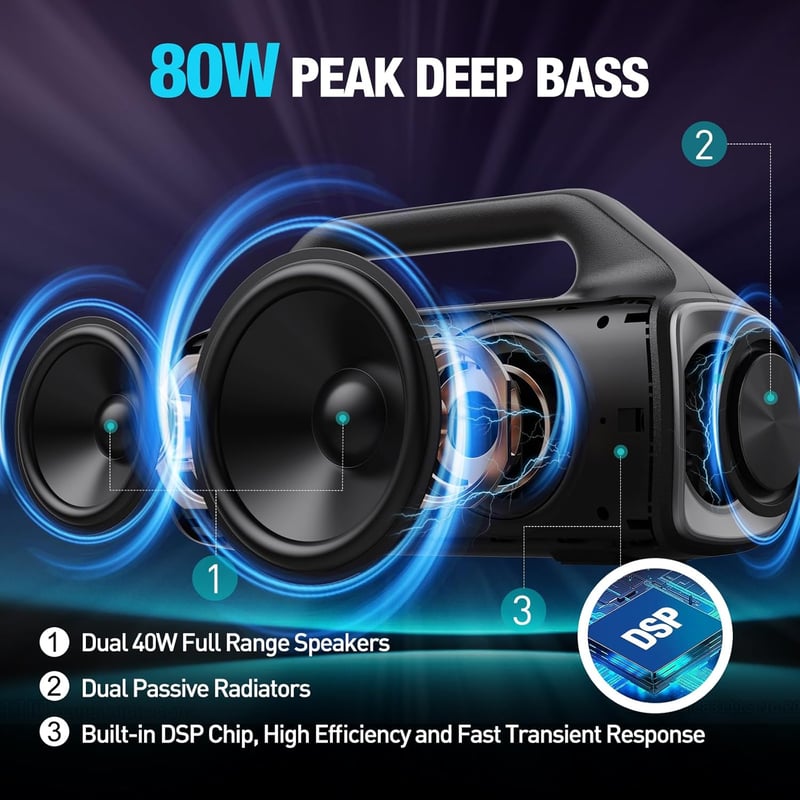 AKONE 80W Bluetooth hangszóró LED világítással, vízálló, 20 órás akkumulátor, party és kültéri használatra