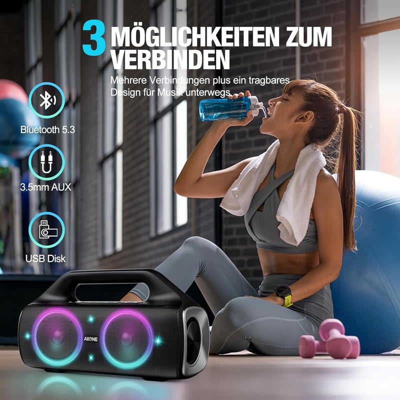 AKONE 80W Bluetooth hangszóró LED világítással, vízálló, 20 órás akkumulátor, party és kültéri használatra