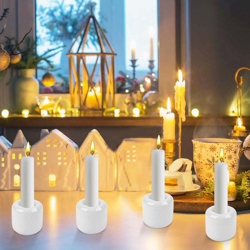 AKONE Fehér Kerámia Gyertyatartó Szett 10 db - Mini Méretű 1,8 cm Átmérővel, Vékony Gyertyákhoz, Oltárdíszítéshez, Lakberendezéshez