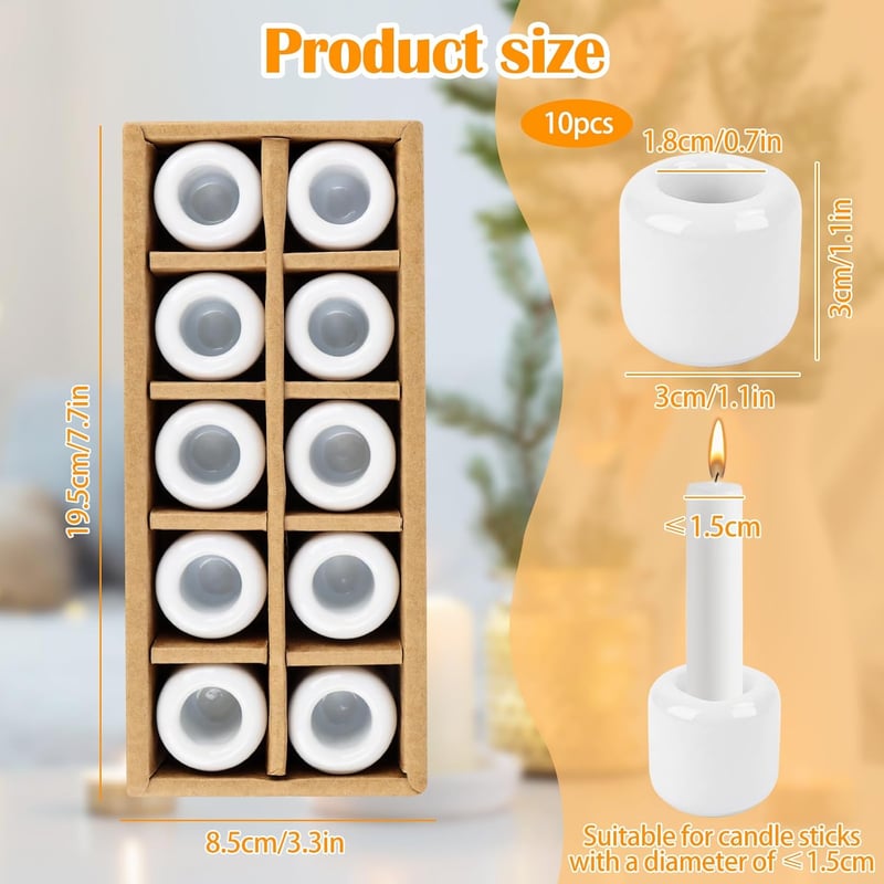 AKONE Fehér Kerámia Gyertyatartó Szett 10 db - Mini Méretű 1,8 cm Átmérővel, Vékony Gyertyákhoz, Oltárdíszítéshez, Lakberendezéshez