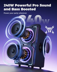 AKONE Party Bluetooth reproduktor 240W, veľký hudobný box so silnými basmi, 15 hodín výdrže batérie, TWS, farebná LED svetelná šou, na párty, kempovanie, na pláž 2