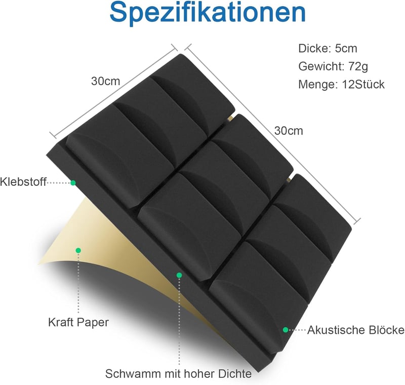 AKSBTEC 12db Akusztikus Hangszigetelő Hab 5cm Öntapadós Falpanel Stúdió