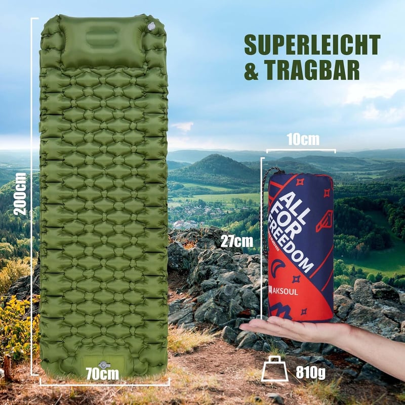 AKSOUL 10 cm önfelfújó kemping matrac zöld - 200 x 70 x 10 cm könnyű hordozható alvómatrac túrázáshoz