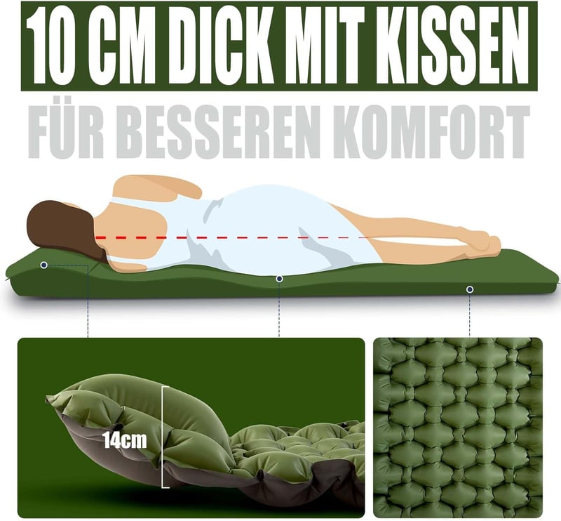 AKSOUL 10 cm önfelfújó kemping matrac zöld - 200 x 70 x 10 cm könnyű hordozható alvómatrac túrázáshoz