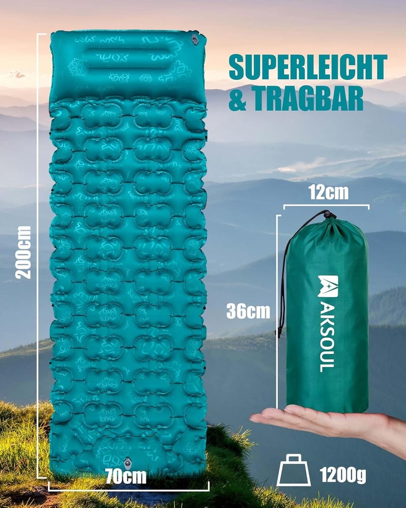 AKSOUL Önfelfújó Kempingmatrac 10 cm - Pávatollkék Ultrakönnyű Matrac Beépített Párnával és Pumpával, Vízálló Túramatrac Sátorhoz, Kempinghe