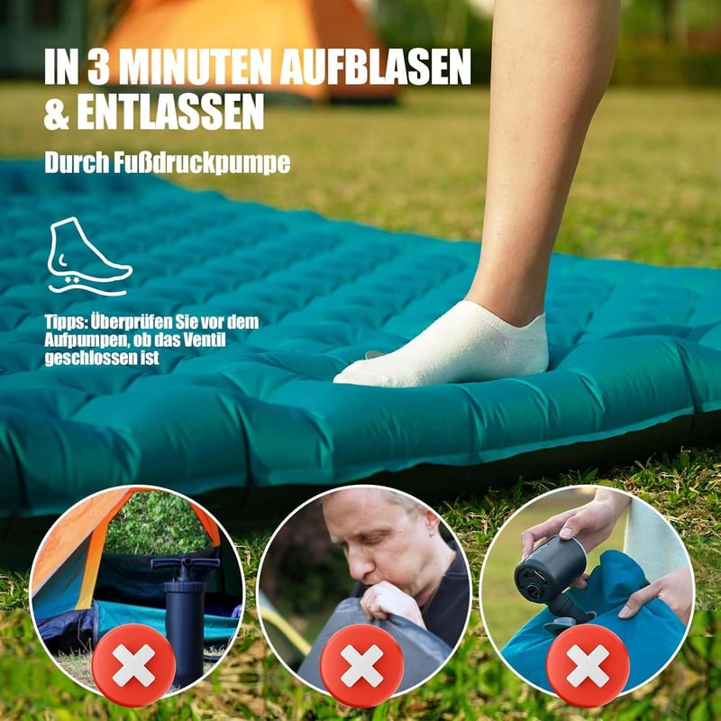 AKSOUL Önfelfújó Kétszemélyes Kempingmatrac 12 cm - Páva Kék Vastag Túramatrac Beépített Párnával - Kompakt Hordozható Matrac Kempingezéshez