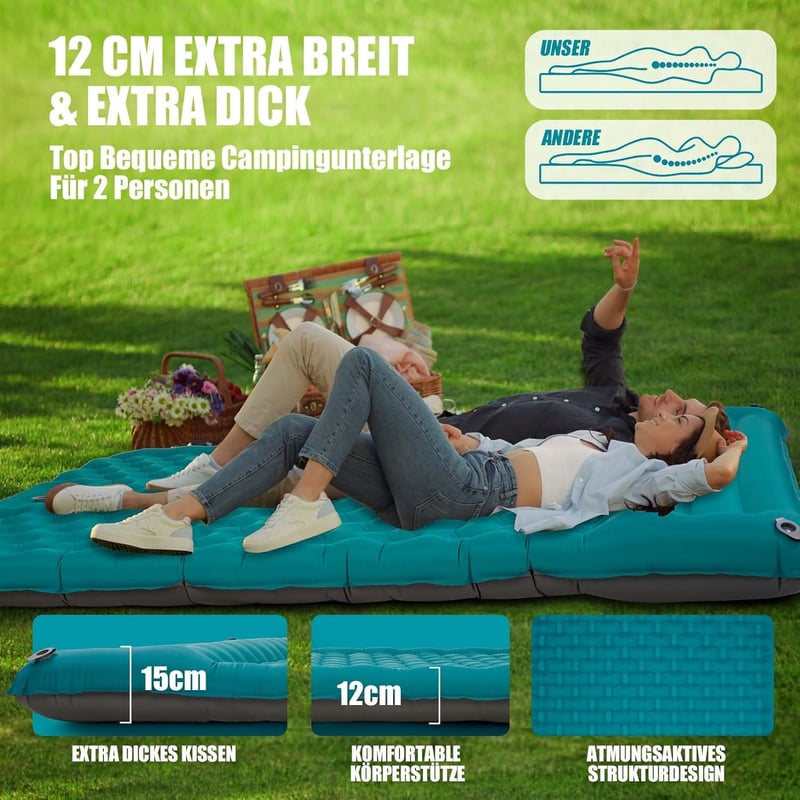 AKSOUL Önfelfújó Kétszemélyes Kempingmatrac 12 cm - Páva Kék Vastag Túramatrac Beépített Párnával - Kompakt Hordozható Matrac Kempingezéshez