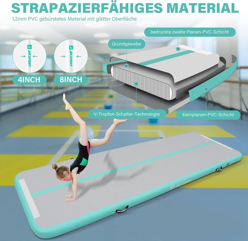 AKSPORT Felfújható Tornaszőnyeg 5L x 1W x 0.2 m Tornagymnasztika Matrac Levegős Tornázáshoz