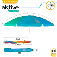 AKTIVE 62221 Veľký plážový slnečník Ø200 cm odolný proti vetru, UV50 ochrana, viacfarebný, flexibilná tyč 28-32 mm s prenosnou taškou 8