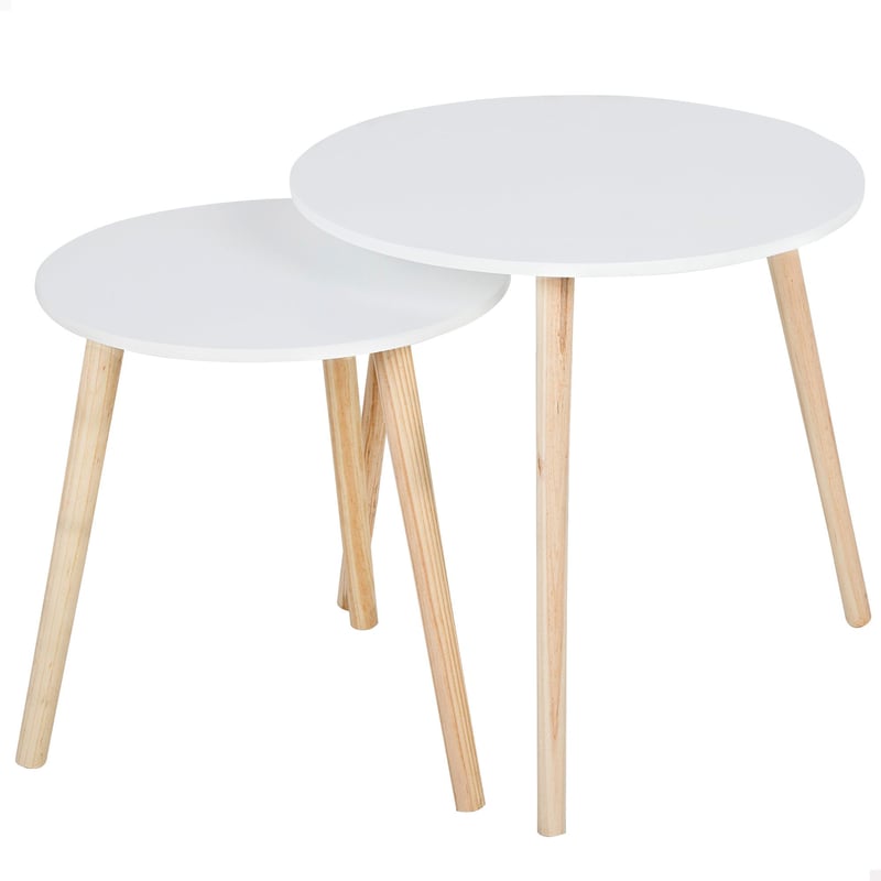 Sada 2 stohovateľných konferenčných stolíkov AKTIVE MAX Home, D40x44 cm a D50x50 cm, biela farba, nohy z prírodného dreva, nosnosť 5 kg, do obývačky alebo jedálne