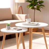 Sada 2 stohovateľných konferenčných stolíkov AKTIVE MAX Home, D40x44 cm a D50x50 cm, biela farba, nohy z prírodného dreva, nosnosť 5 kg, do obývačky alebo jedálne 7