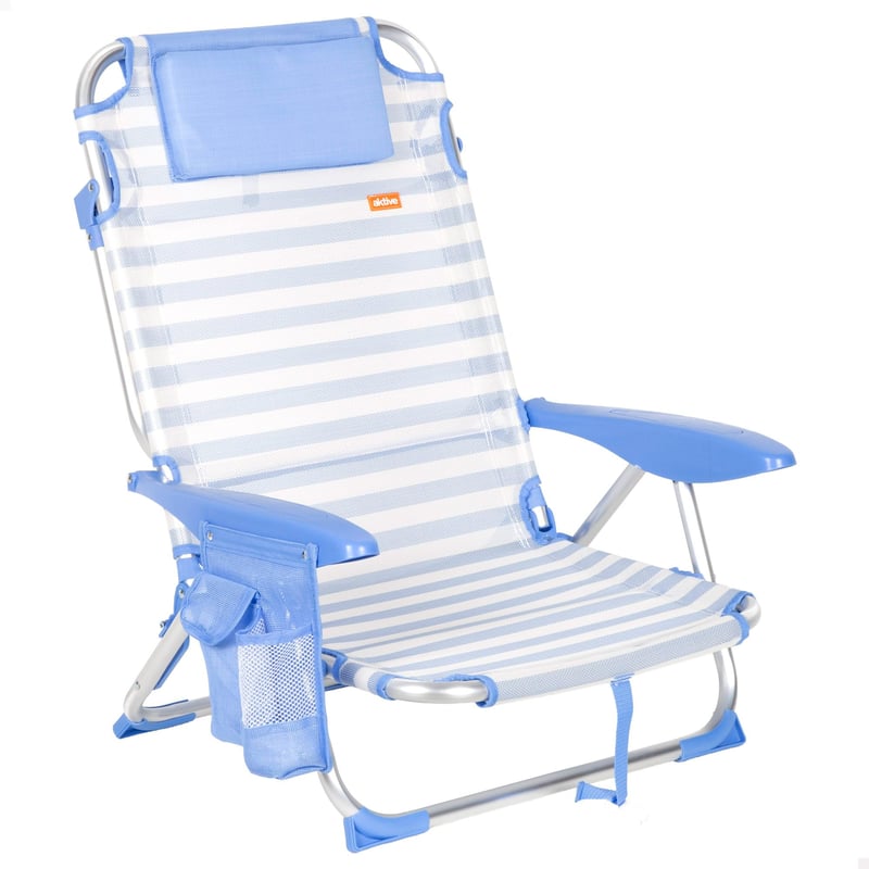 Scaun de plajă pliabil AKTIVE cu model cu dungi marinărești, 51x45x76 cm, 4 poziții, aluminiu și textil, capacitate de susținere 110 kg, cu pernă și buzunare