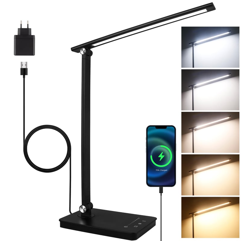 Akynite 42 LED stolná lampa, čierna, stmievateľná, USB port, 2A adaptér, 5 farieb, 10 úrovní jasu, dotyková, časovač, skladacia na čítanie