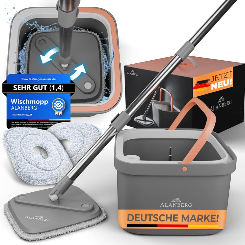 Set de curățenie cu mop și găleată ALANBERG, sistem cu 2 compartimente, set de curățare pentru pardoseală din microfibră, gri, produs utilizat