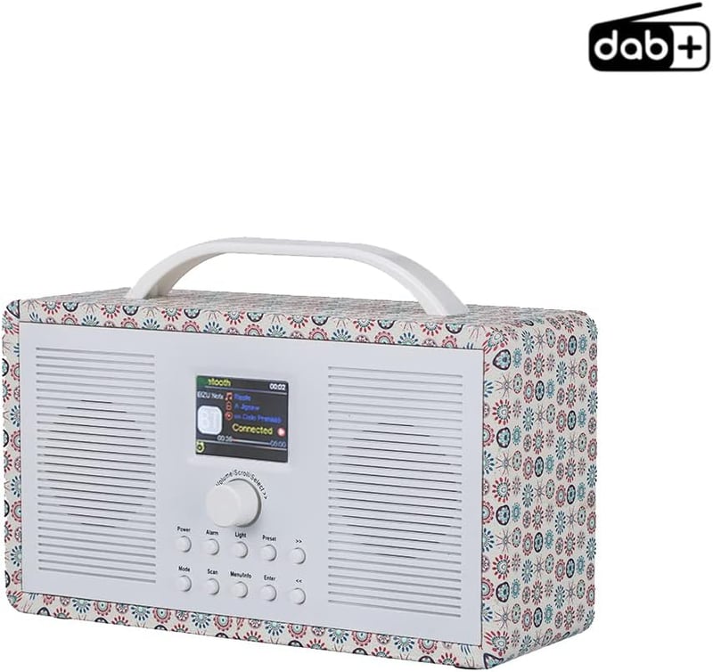 ALANO Hordozható FM/DAB+ Rádió Bluetooth Kapcsolattal, 2.4" TFT Színes Kijelzővel, Dupla Ébresztővel, Retro Virágmintás Fa Dizájn