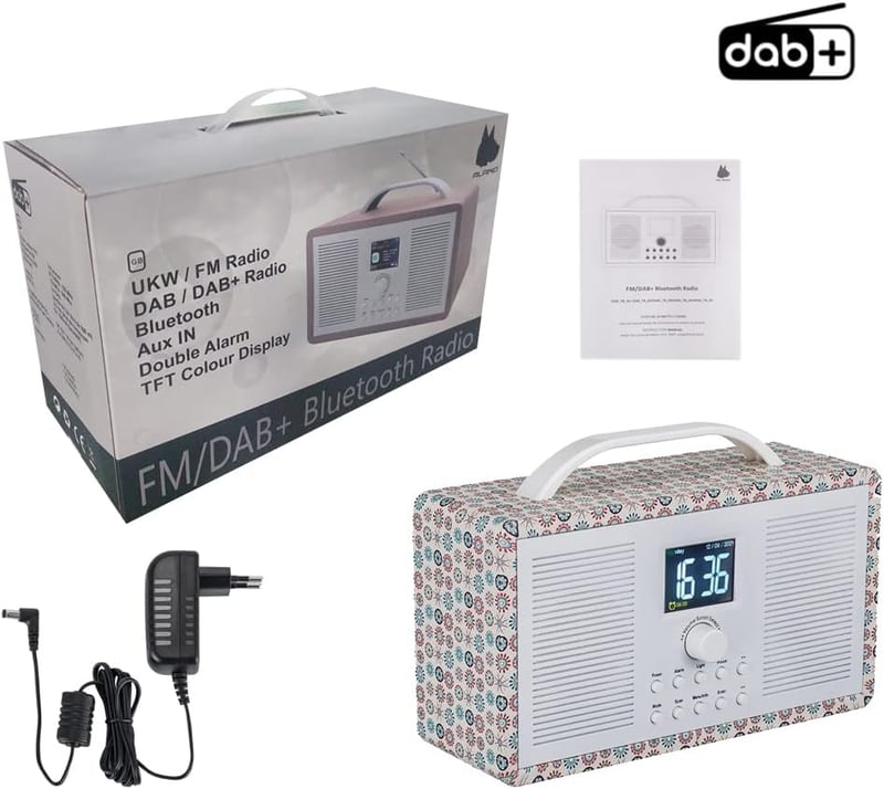ALANO Hordozható FM/DAB+ Rádió Bluetooth Kapcsolattal, 2.4" TFT Színes Kijelzővel, Dupla Ébresztővel, Retro Virágmintás Fa Dizájn