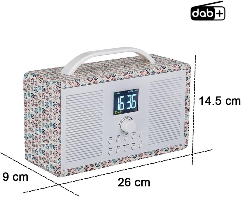ALANO Hordozható FM/DAB+ Rádió Bluetooth Kapcsolattal, 2.4" TFT Színes Kijelzővel, Dupla Ébresztővel, Retro Virágmintás Fa Dizájn
