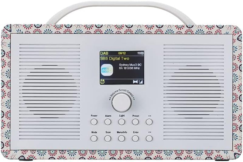 ALANO Hordozható FM/DAB+ Rádió Bluetooth Kapcsolattal, 2.4" TFT Színes Kijelzővel, Dupla Ébresztővel, Retro Virágmintás Fa Dizájn