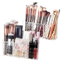 Alaoo Stojan na štetce na make-up 2 ks, priehľadný akrylový organizér, kozmetický úložný box s 3 priehradkami na očné linky, rúže a maskary 1