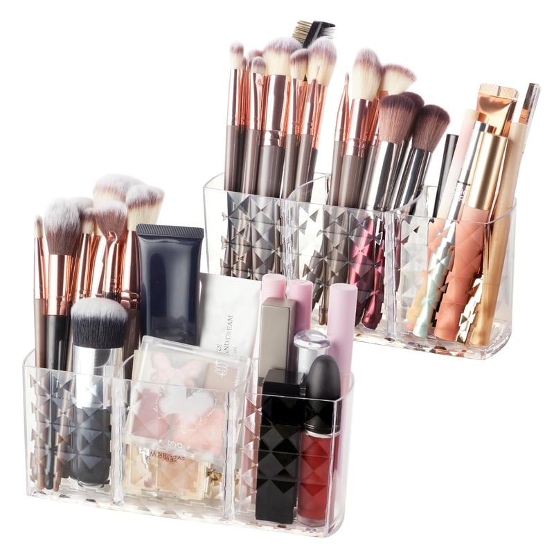 Alaoo Stojan na štetce na make-up 2 ks, priehľadný akrylový organizér, kozmetický úložný box s 3 priehradkami na očné linky, rúže a maskary