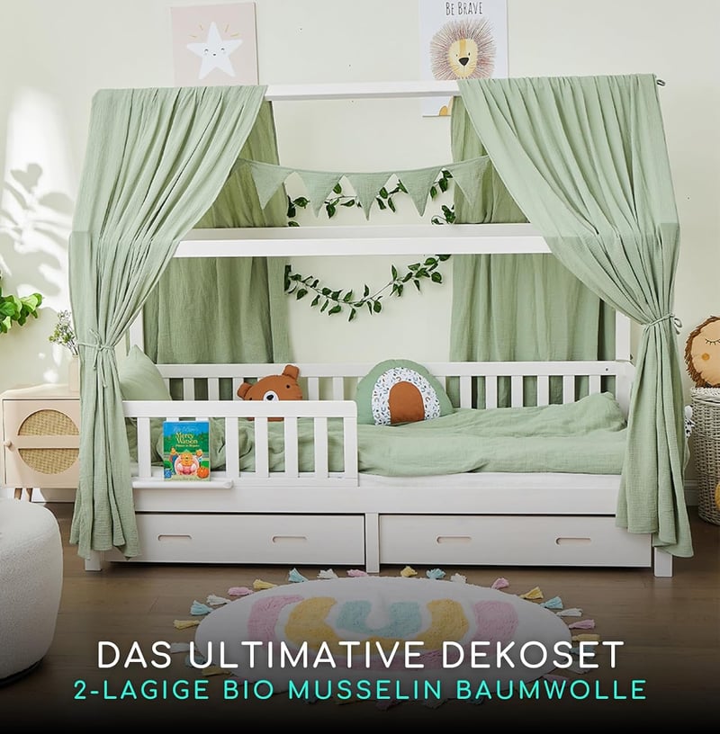 ALAVYA HOME 3 részes kiságy baldachin dekoráció szett 2 db baldachin és 300 cm hosszú zászlógirland 125 x 350 cm organikus muszlin pamut GOT