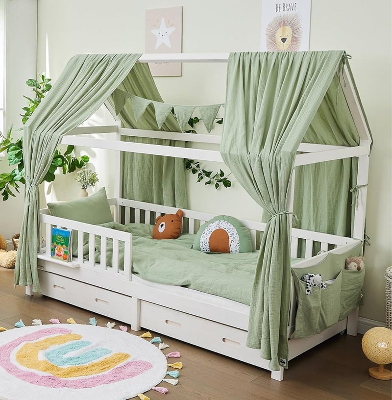 ALAVYA HOME 3 részes kiságy baldachin dekoráció szett 2 db baldachin és 300 cm hosszú zászlógirland 125 x 350 cm organikus muszlin pamut GOT