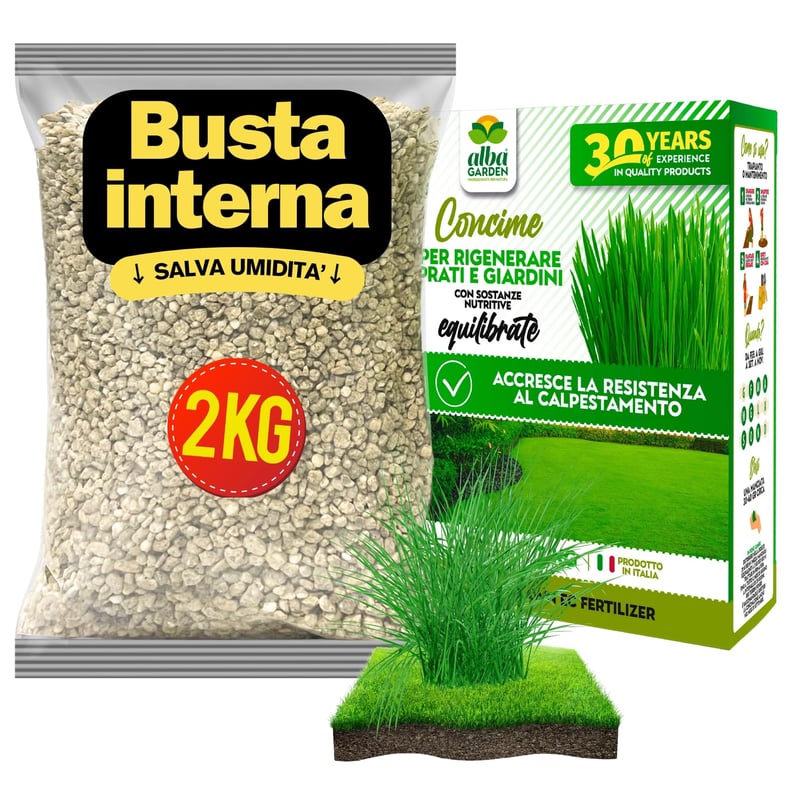 Îngrășământ pentru gazon Albagarden 2 kg - Îngrășământ granulat pentru gazon și semințe de iarbă - Hrană pentru toate tipurile de iarbă, peluze și gazon rulou
