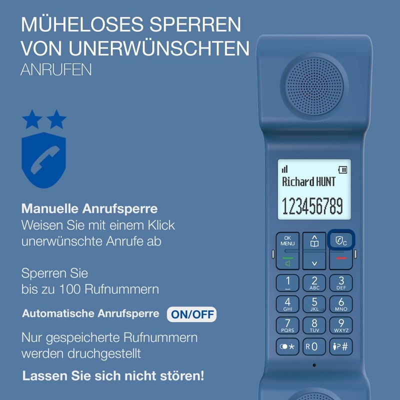 Alcatel ePure Iconic DECT vezeték nélküli telefon kék, nagy kijelzővel és hívásblokkolással - blue, Without answering machine
