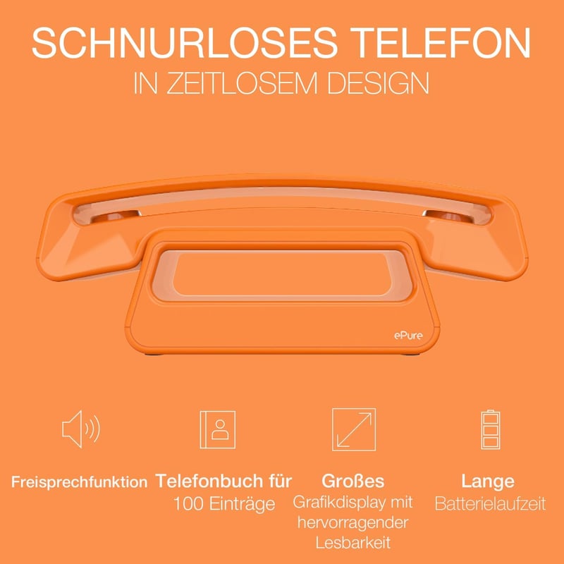 Alcatel ePure Iconic DECT vezeték nélküli telefon, retro design, nagy kijelző, narancssárga - orange, Without answering machine