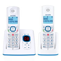 Bezdrôtový telefón Alcatel F530 Voice Duo, bielo-modrý, so záznamníkom, hlasitým odposluchom, blokovaním hovorov, veľkým displejom a 2 tlačidlami rýchlej voľby 1