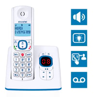 Bezdrôtový telefón Alcatel F530 Voice Duo, bielo-modrý, so záznamníkom, hlasitým odposluchom, blokovaním hovorov, veľkým displejom a 2 tlačidlami rýchlej voľby 3