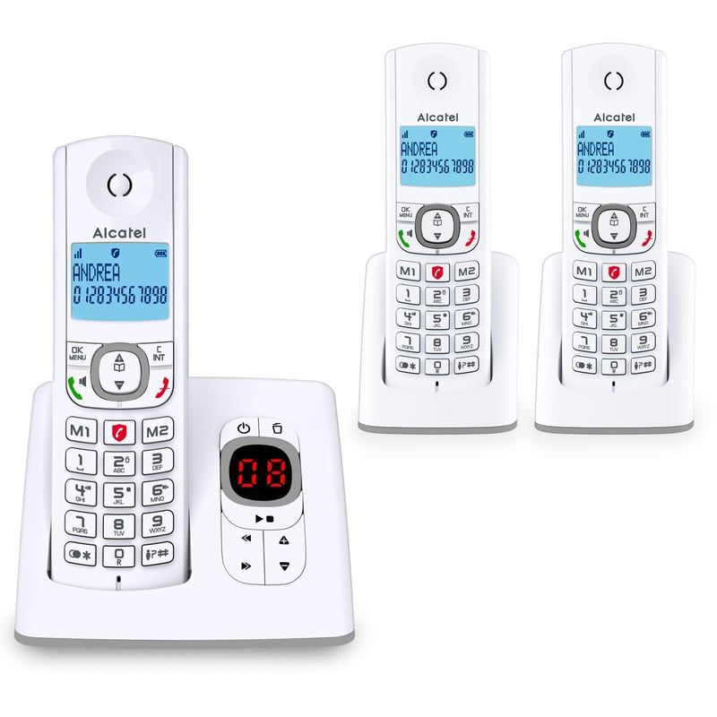 Bezdrôtový telefón Alcatel F530 Voice Trio DECT so záznamníkom, 3 slúchadlami, 2 tlačidlami rýchlej voľby, bielo-sivý