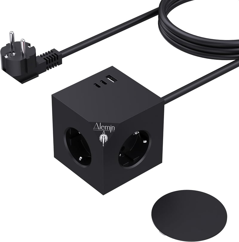ALEMIN Mágneses Elosztó Kocka 3 USB Porttal, 6-in-1 Kapcsolós Hálózati Adapter 3680W, Fekete Fali Aljzat Iroda Otthon