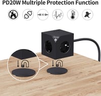 ALEMIN Mágneses Elosztó Kocka 3 USB Porttal, 6-in-1 Kapcsolós Hálózati Adapter 3680W, Fekete Fali Aljzat Iroda Otthon 6