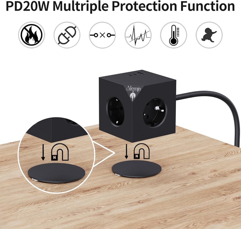 ALEMIN Mágneses Elosztó Kocka 3 USB Porttal, 6-in-1 Kapcsolós Hálózati Adapter 3680W, Fekete Fali Aljzat Iroda Otthon
