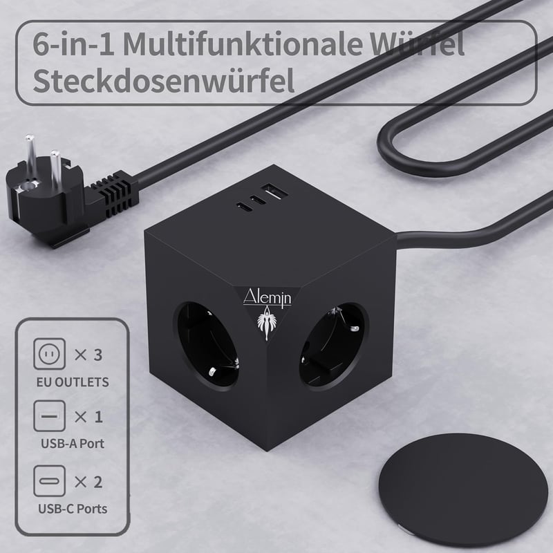 ALEMIN Mágneses Elosztó Kocka 3 USB Porttal, 6-in-1 Kapcsolós Hálózati Adapter 3680W, Fekete Fali Aljzat Iroda Otthon