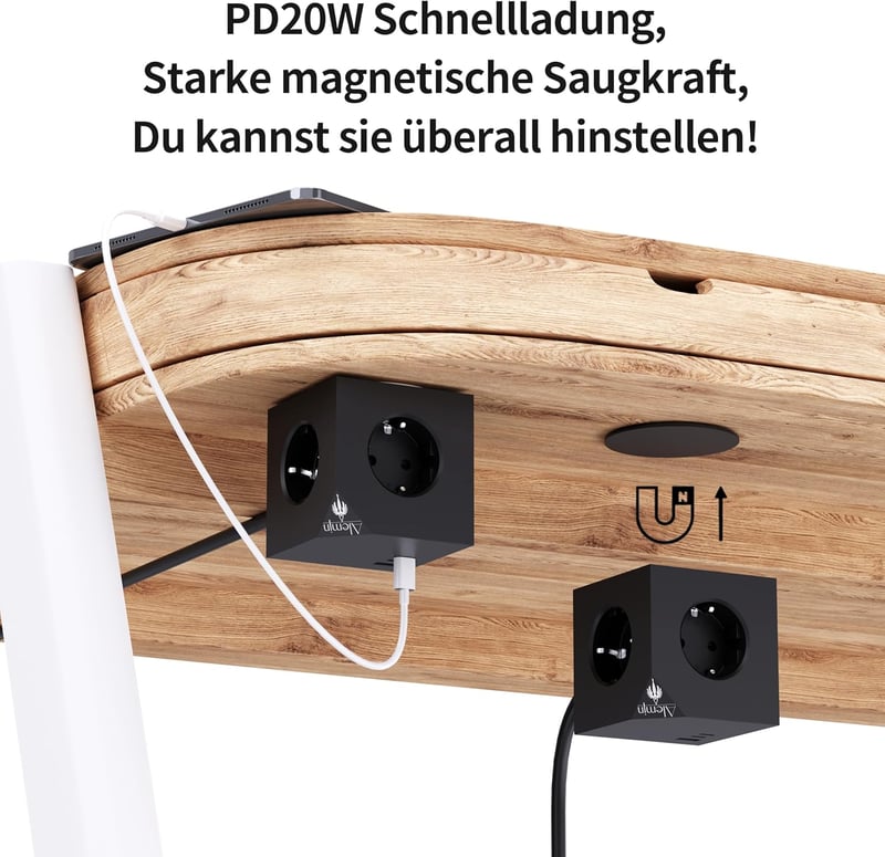 ALEMIN Mágneses Elosztó Kocka 3 USB Porttal, 6-in-1 Kapcsolós Hálózati Adapter 3680W, Fekete Fali Aljzat Iroda Otthon