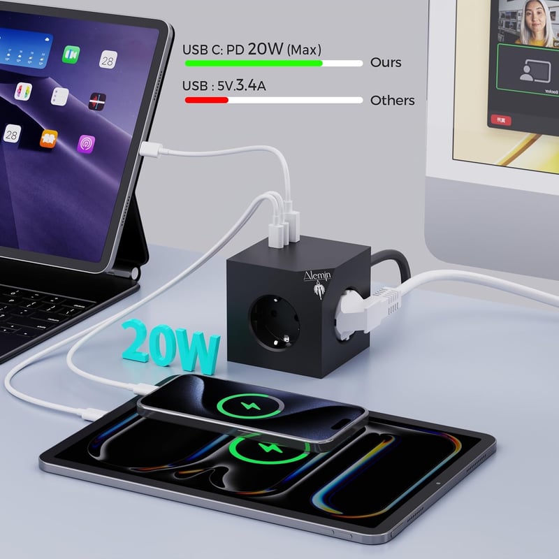 ALEMIN Mágneses Elosztó Kocka 3 USB Porttal, 6-in-1 Kapcsolós Hálózati Adapter 3680W, Fekete Fali Aljzat Iroda Otthon