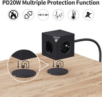 ALEMIN Mágneses Elosztó Kocka 3 USB Porttal, 6-in-1 Kapcsolós Hálózati Adapter 3680W, Fekete Fali Aljzat Iroda Otthon 3